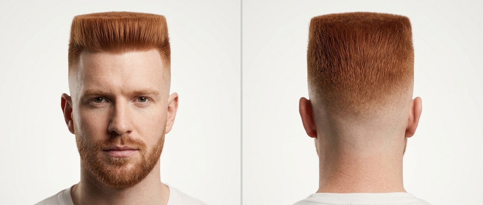 Vorder- und Rückansicht eines Mannes mit rotem Haar, der einen präzisen Flat Top mit High Skin Fade und kurzem Bart trägt.