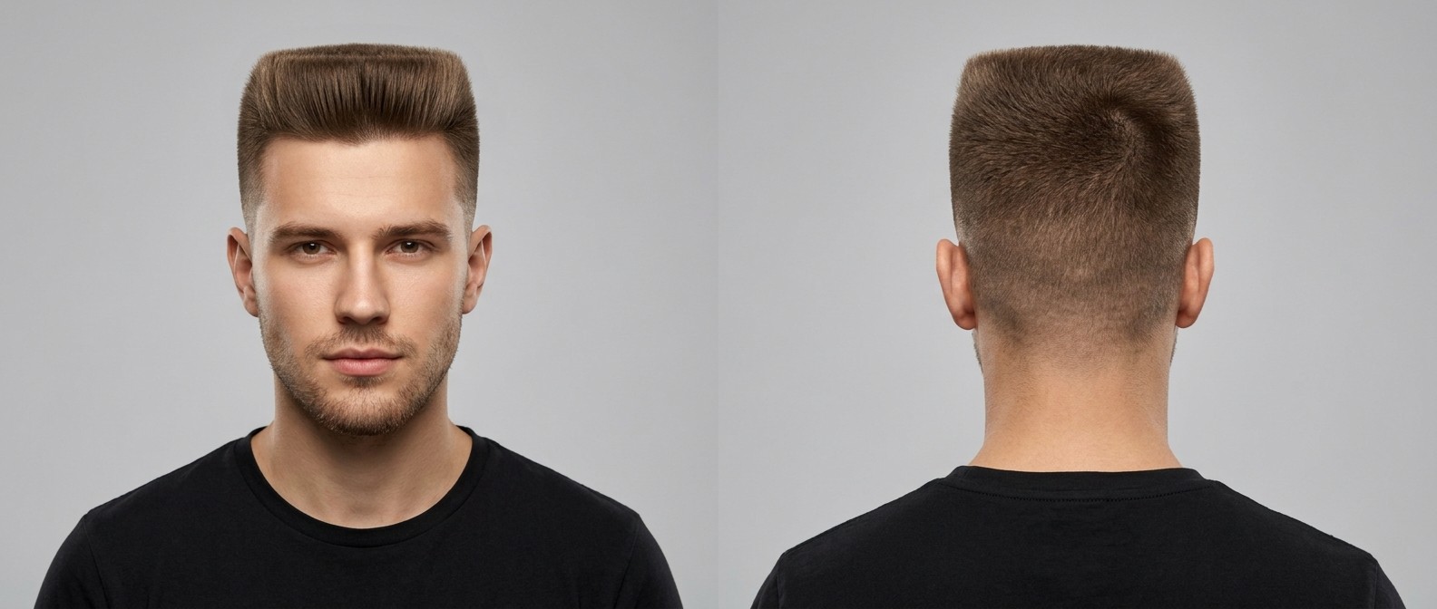 Vorder- und Rückansicht eines jungen Mannes mit klassischem Flat Top Haarschnitt, High Skin Fade und präziser Kontur.