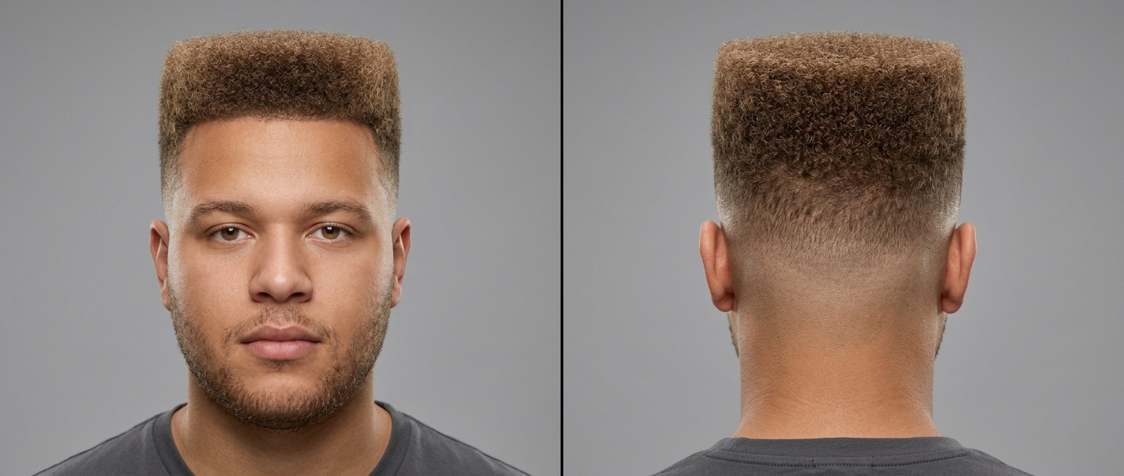 Ansicht von vorne und hinten eines jungen Mannes mit hellbraunem Curly Flat Top, High Skin Fade und präzisem Line-up.