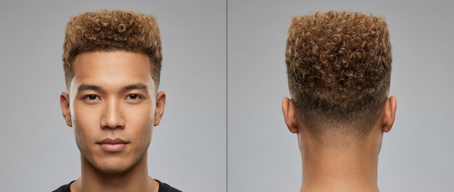 Młody mężczyzna o owalnej twarzy z fryzurą curly flat top fade, jasnobrązowe loki typu 3 i bardzo krótkie boki.
