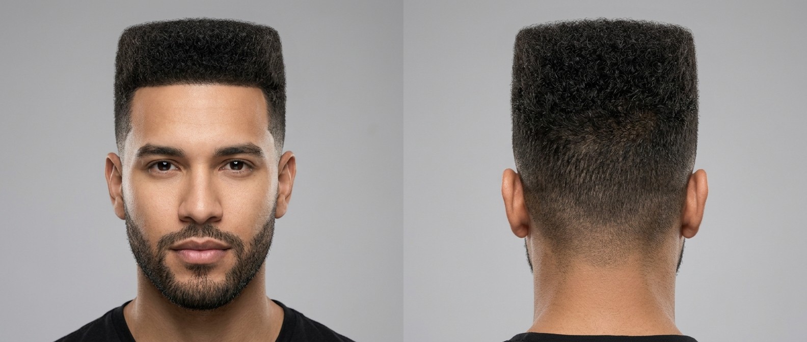 Młody Latynos z krótką brodą i idealnie wycieniowanym flat topem z ostrym konturem.