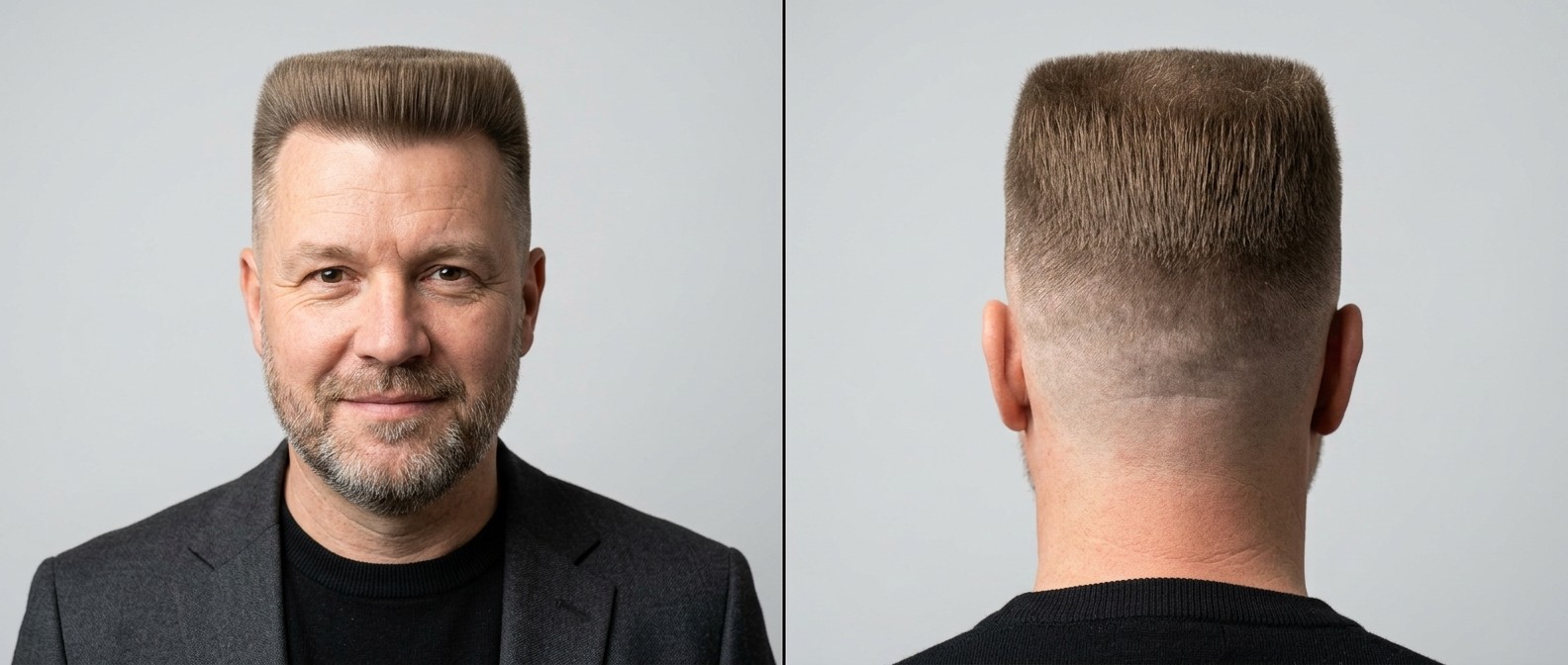 Widok z przodu i z tyłu na dojrzałego mężczyznę z klasyczną fryzurą flat top, wysokim skin fade i zadbaną krótką brodą na tle szarej ściany.