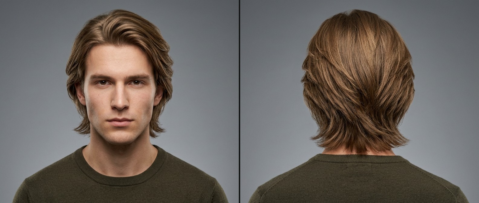Vista frontal e traseira de um jovem com corte de cabelo 'flow' castanho claro, com volume nas raízes e pontas texturizadas na nuca.