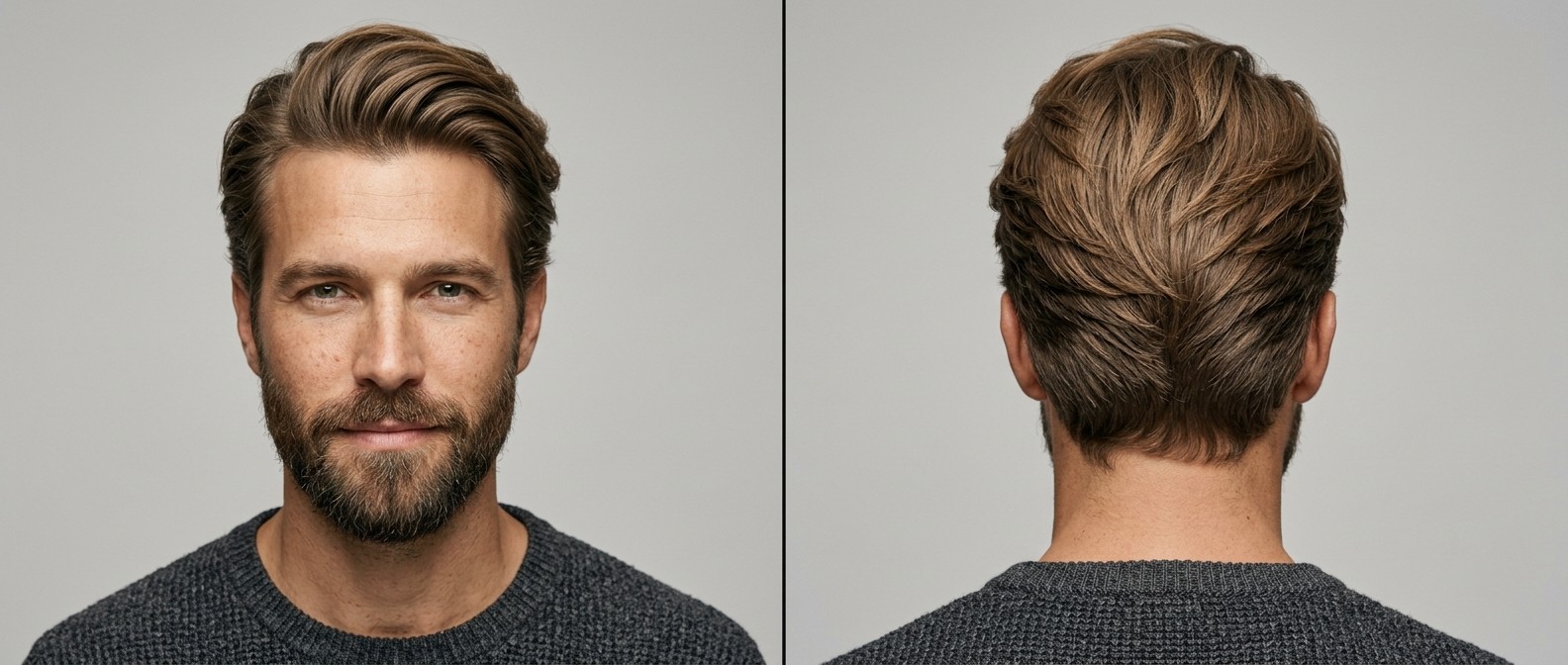 Vue avant et arrière d'un homme de 35-45 ans barbu avec une coupe flow mi-longue dégradée et une nuque en V.