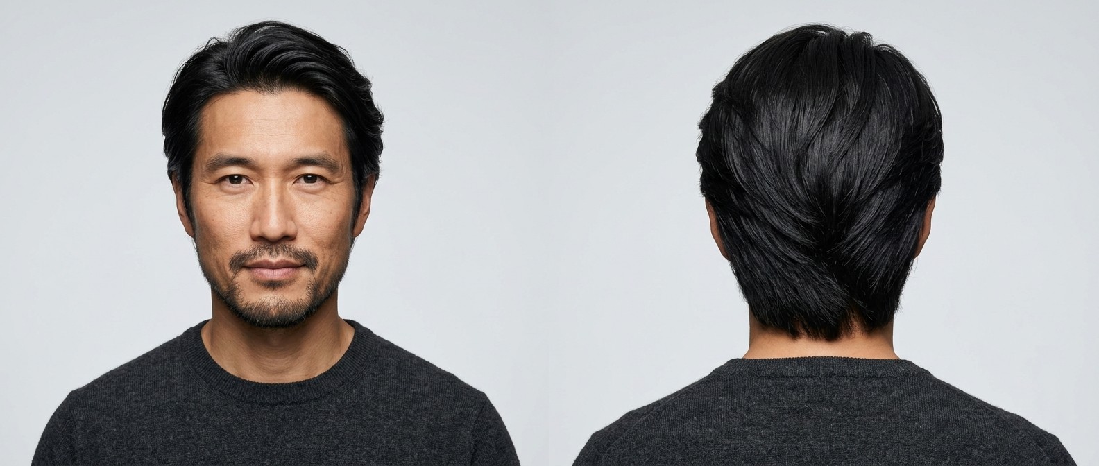 Mężczyzna z azjatyckimi rysami twarzy i krótkim zarostem prezentuje fryzurę typu flow, zaczesane do tyłu włosy średniej długości.