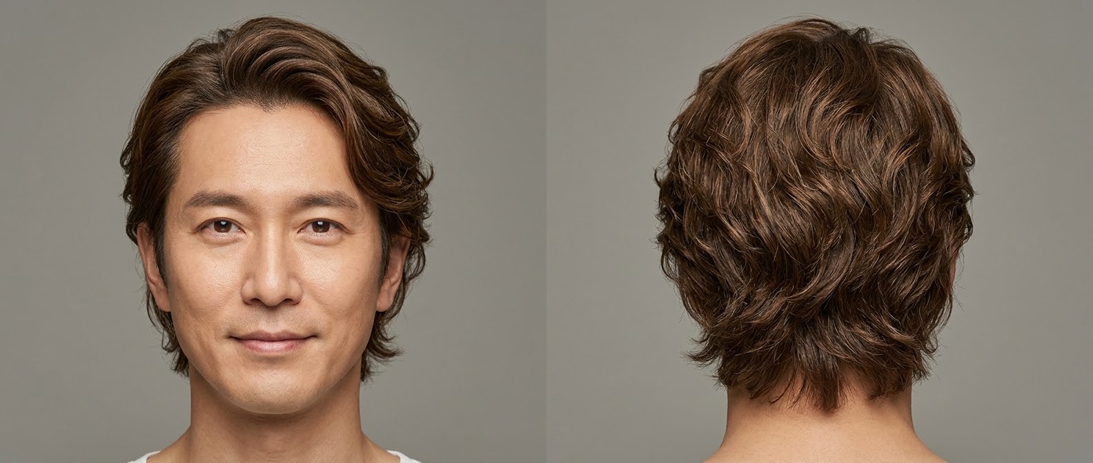 Homme asiatique de 45 ans avec des cheveux ondulés bruns, coupe flow dégradée et texturée.