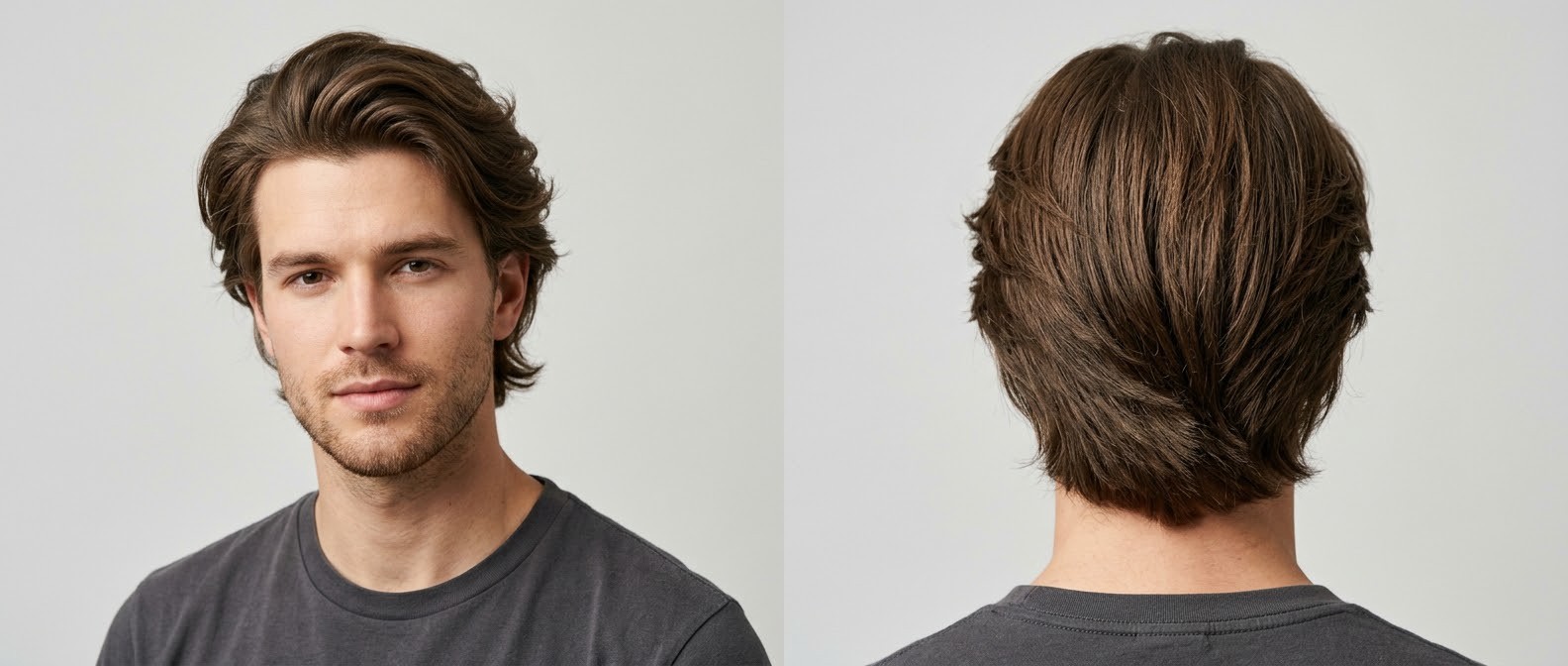 Vorder- und Rückansicht eines jungen Mannes mit dickem, braunem Bro Flow Haarschnitt, langem Deckhaar und hinter die Ohren gesteckten Seiten.