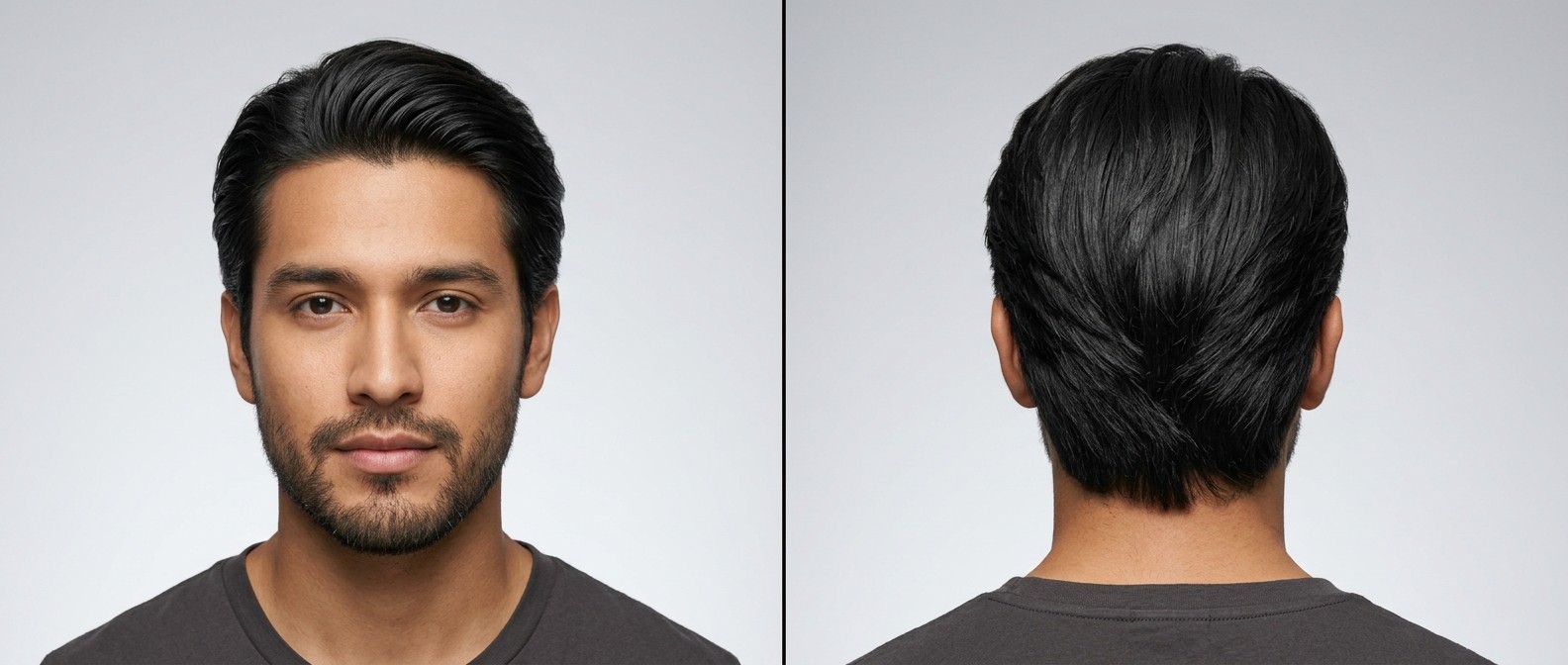 Mężczyzna z fryzurą medium flow zaczesaną do tyłu, widok z przodu i z tyłu, długie proste włosy i naturalnie wycieniowany kark.