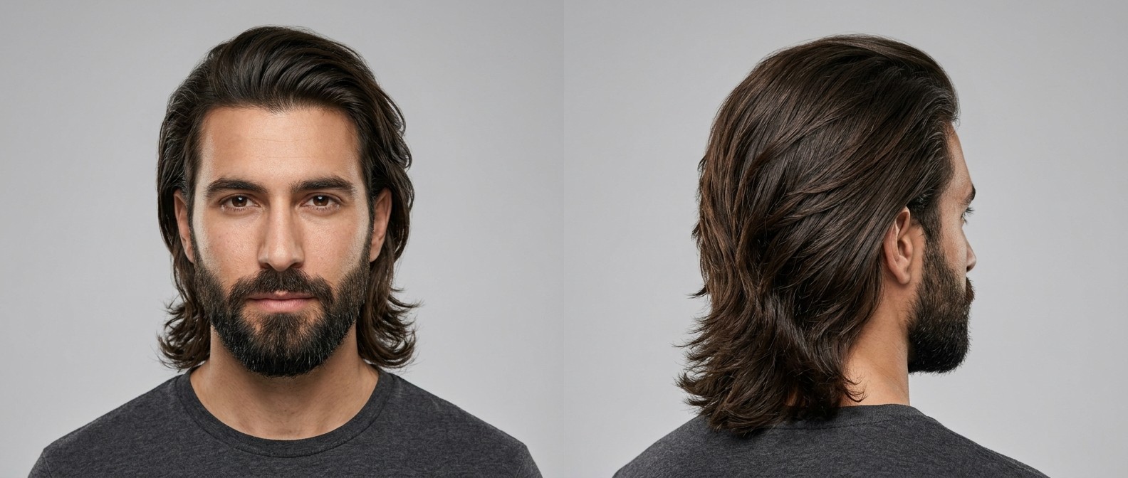 Mężczyzna z ciemnobrązowymi, prostymi włosami zaczesanymi do tyłu w stylu flow, z bokami założonymi za uszy i pełną brodą.