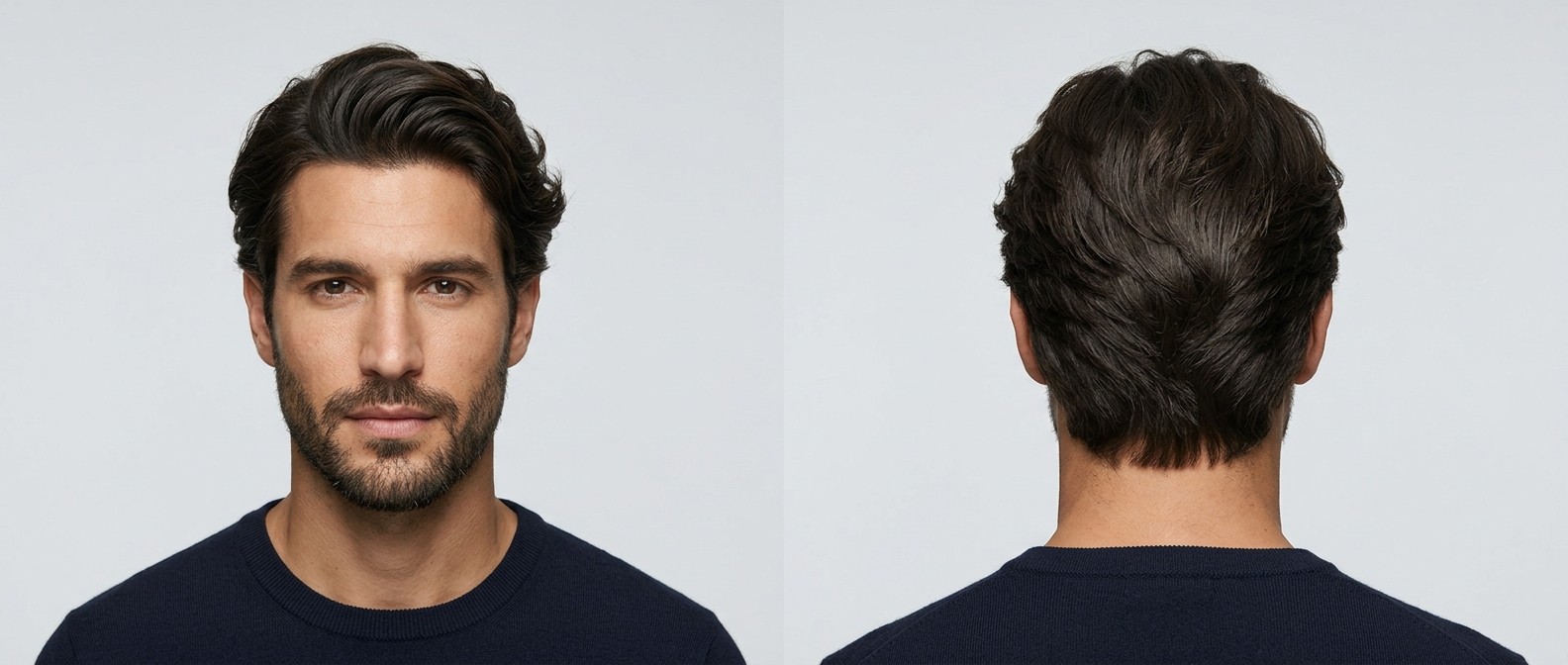 Widok z przodu i z tyłu na przystojnego mężczyznę z ciemnobrązowymi, gęstymi włosami w stylu swept-back flow i krótką brodą.