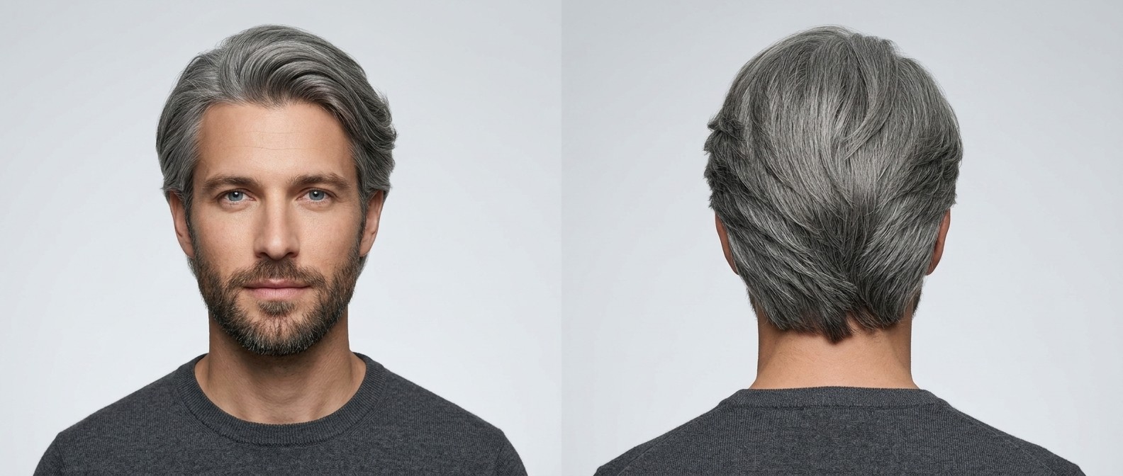 Vorder- und Rückansicht eines Mannes mit dichtem, silbergrauem Swept-Back Flow Haarschnitt und gepflegtem Bart.