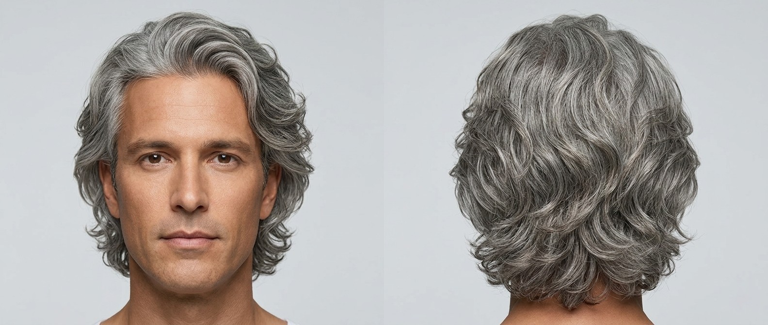Vorder- und Rückansicht eines reifen Mannes mit silber-grauem, welligem Flow-Haarschnitt, nach hinten frisiert mit stufigem Volumen und natürlicher Textur.