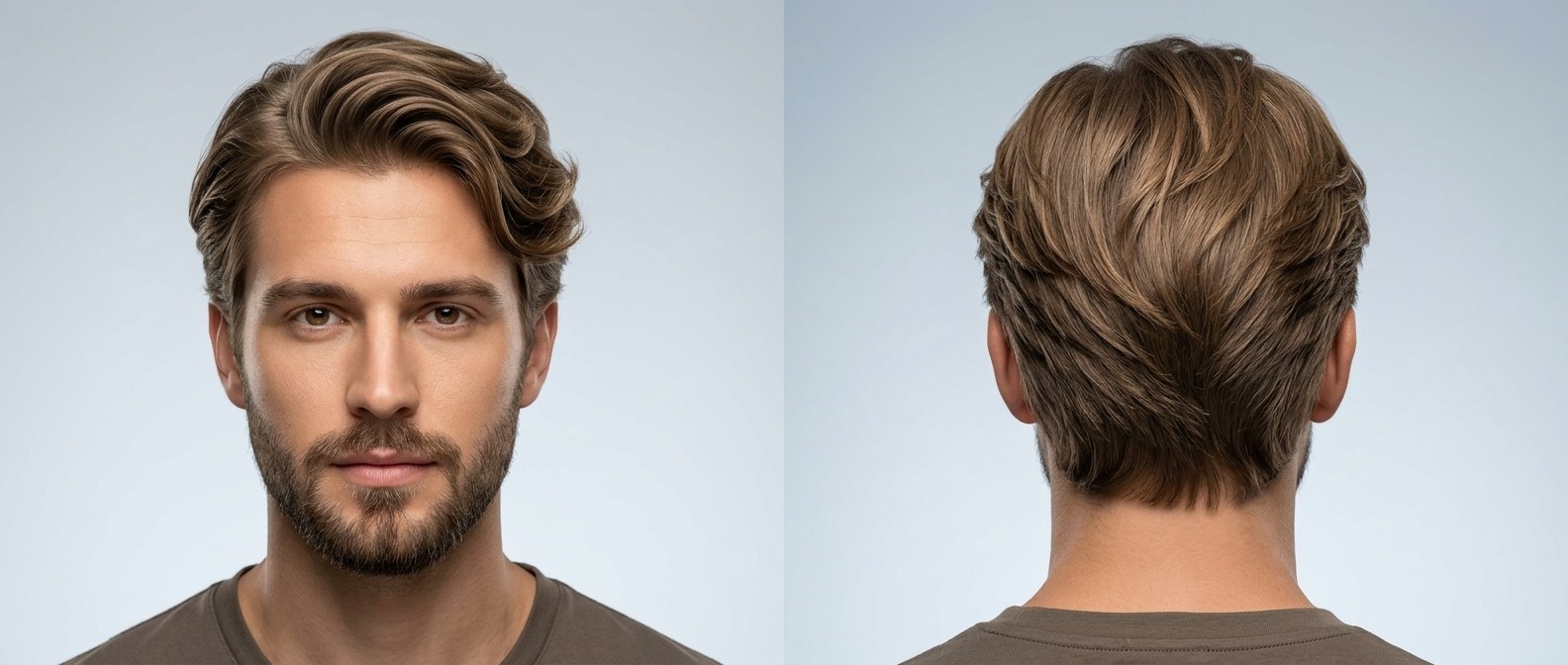 Front and back view of a young man with a thick, light brown swept-back flow haircut, featuring medium layers, natural volume, and a well-groomed beard.