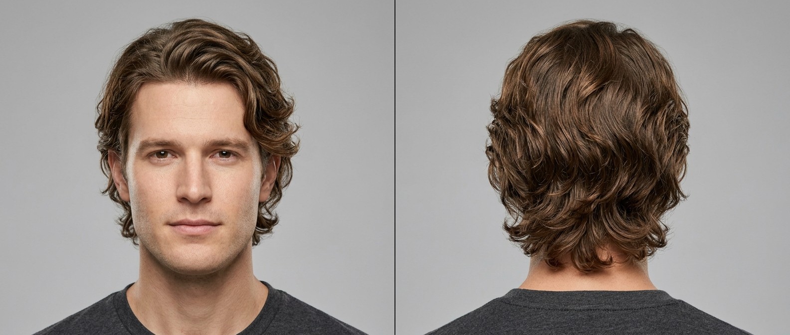 Vue de face et de dos d'un homme aux cheveux ondulés mi-longs dégradés, coiffure wavy flow avec nuque effilée et mouvement naturel vers l'arrière.