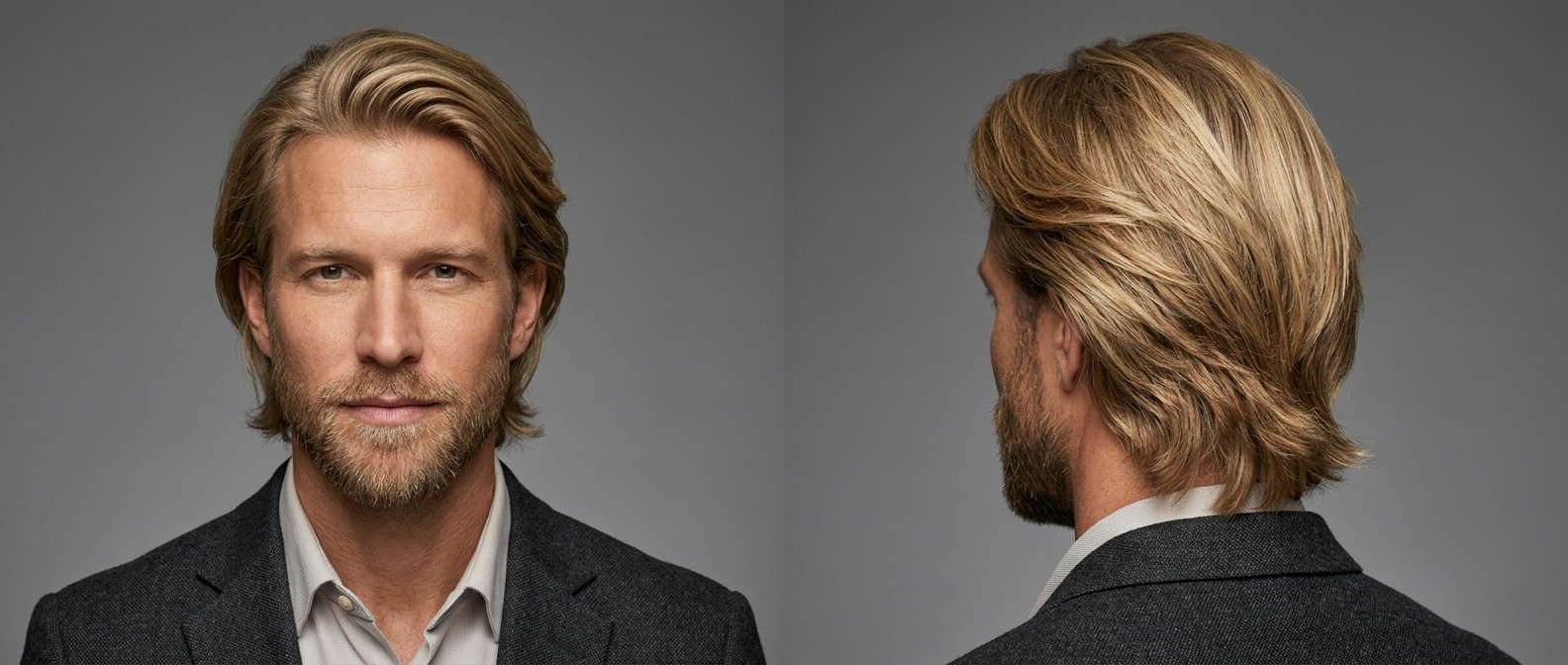 Mittellanger, nach hinten frisierter blonder Flow-Haarschnitt bei Männern mit kurzem Bart vor grauem Hintergrund.