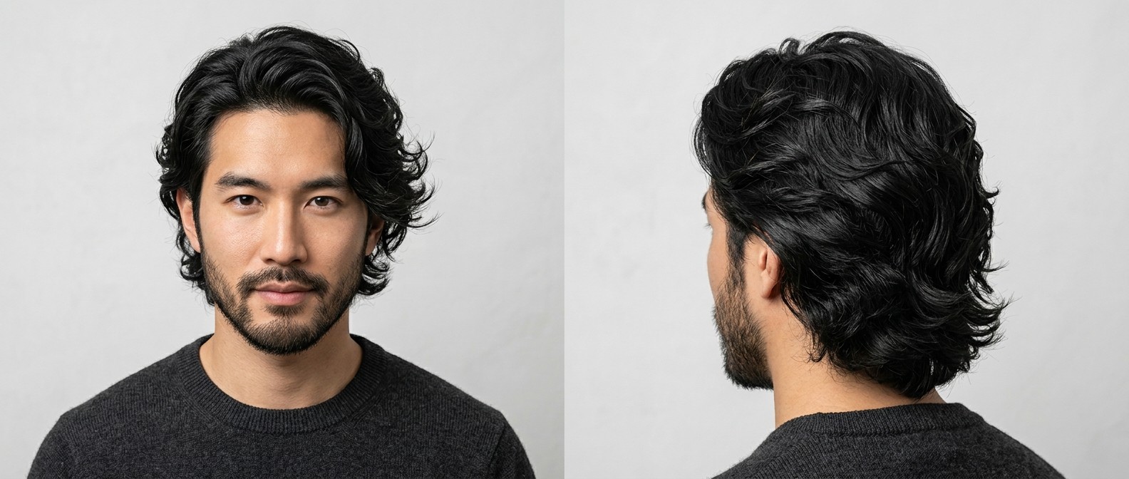 Azjatycki mężczyzna z fryzurą wavy flow, długimi warstwami i krótkim zarostem.