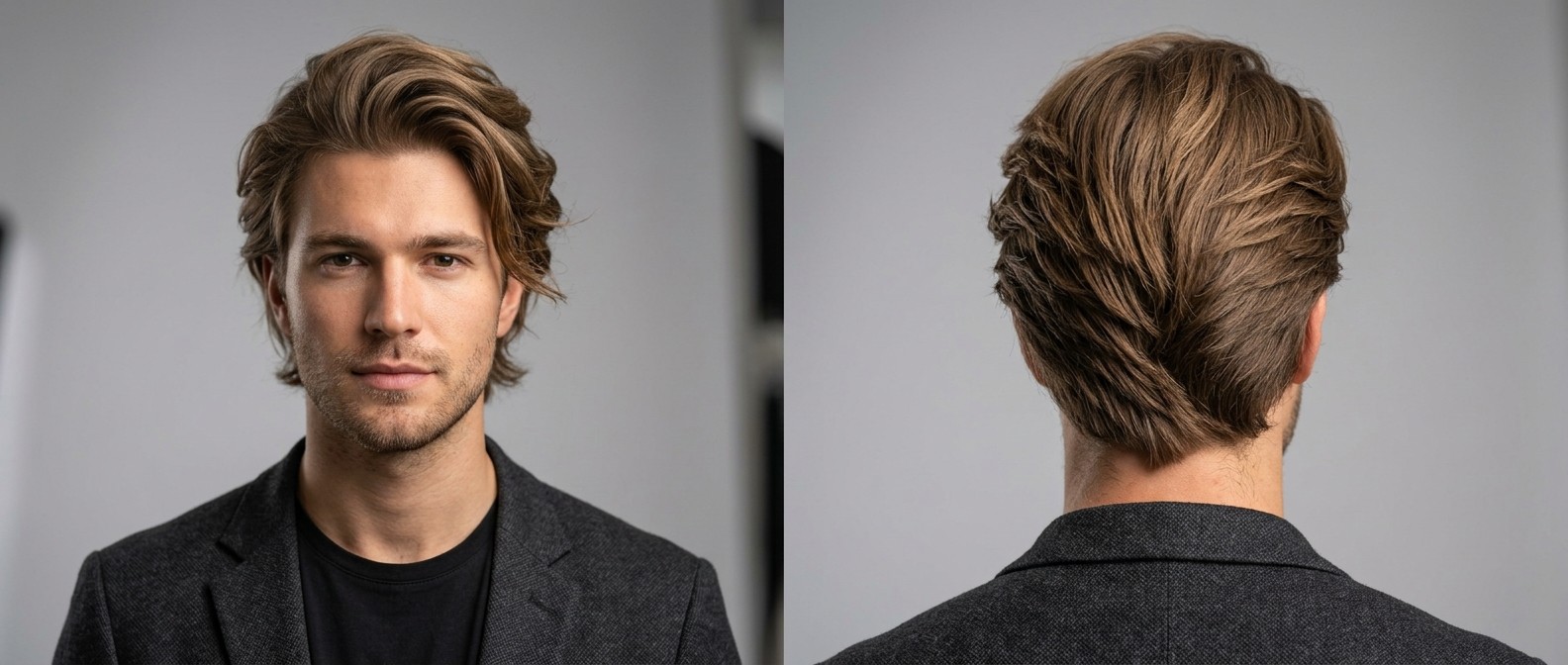Vue de face et de dos d'un jeune homme aux cheveux châtain clair, coupe bro flow dégradée avec nuque en V texturée.