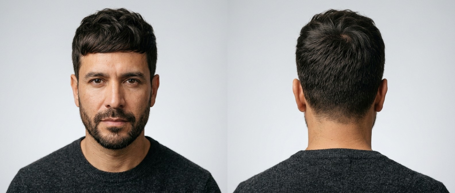 45-letni mężczyzna z teksturowanym French Cropem, postrzępioną grzywką, cieniowanymi bokami i krótką brodą.