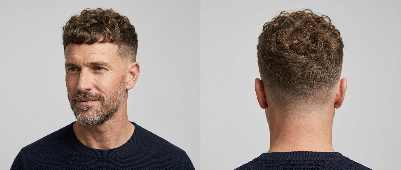 Homme mûr avec une coupe French crop bouclée, mid drop fade sur les côtés, frange droite texturée et barbe courte bien taillée.