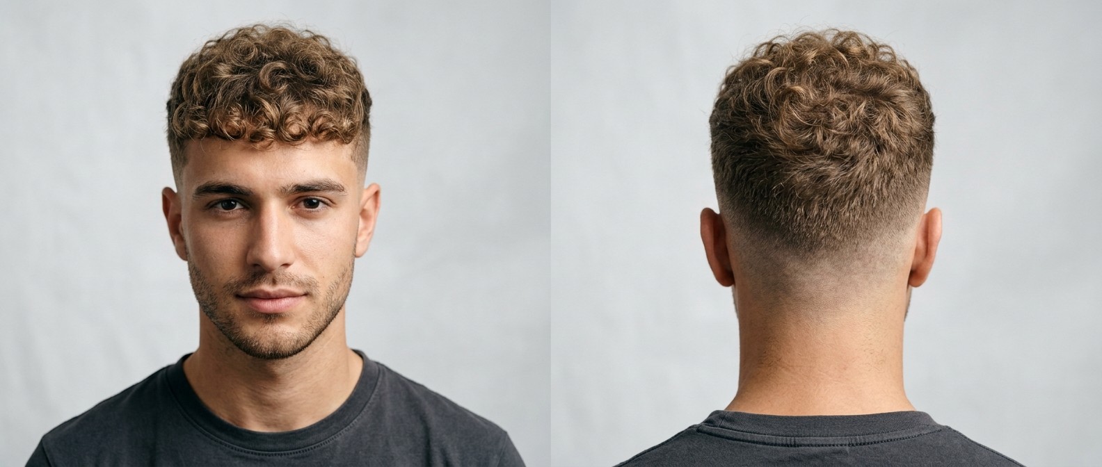 Joven con cabello rizado tipo 3 castaño claro, estilo French Crop texturizado con mid skin fade, flequillo hacia adelante y barba corta.