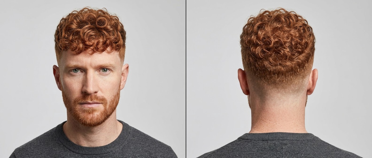Vorder- und Rückansicht eines rothaarigen Mannes mit Curly French Crop, High Skin Fade, strukturierter Fringe und gepflegtem kurzen Bart.