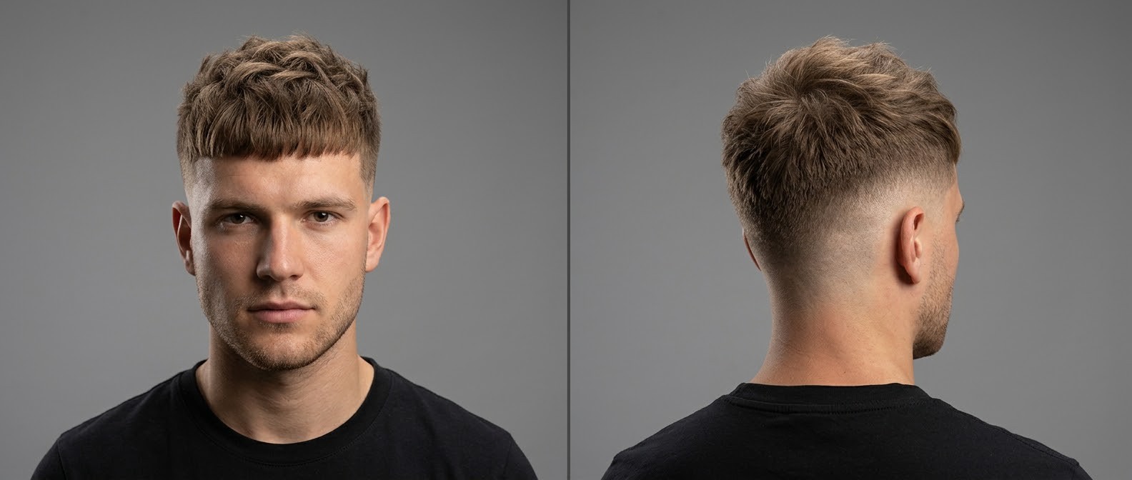 Vorder- und Rückansicht eines jungen Mannes mit modernem Textured French Crop, Blunt Fringe und sauberem High Skin Fade.