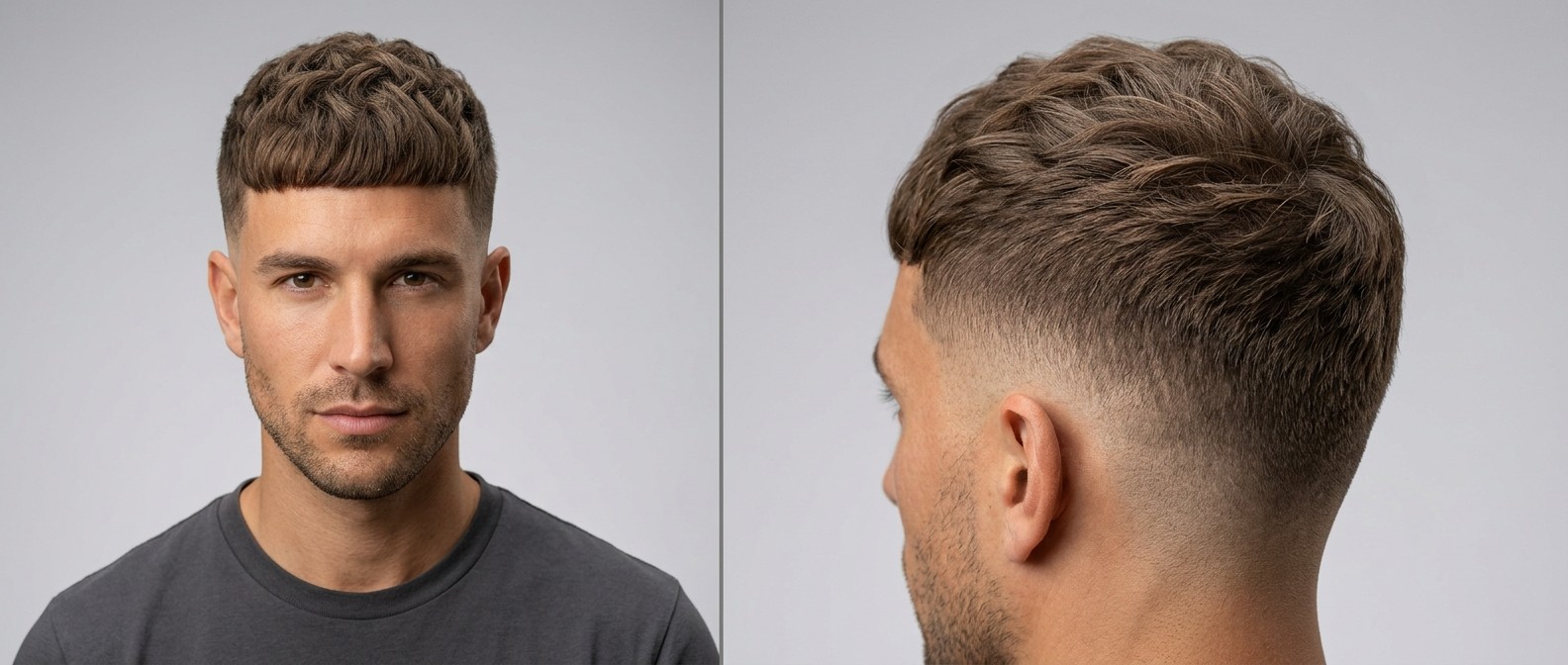 Mężczyzna z teksturowaną, falowaną fryzurą French Crop, wysokim skin fade'em i prostą grzywką.