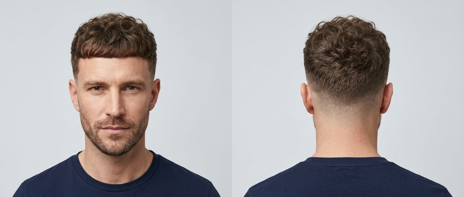 Vue de face et de dos d'un homme aux cheveux bouclés avec un French Crop, un dégradé à blanc et une barbe de trois jours.