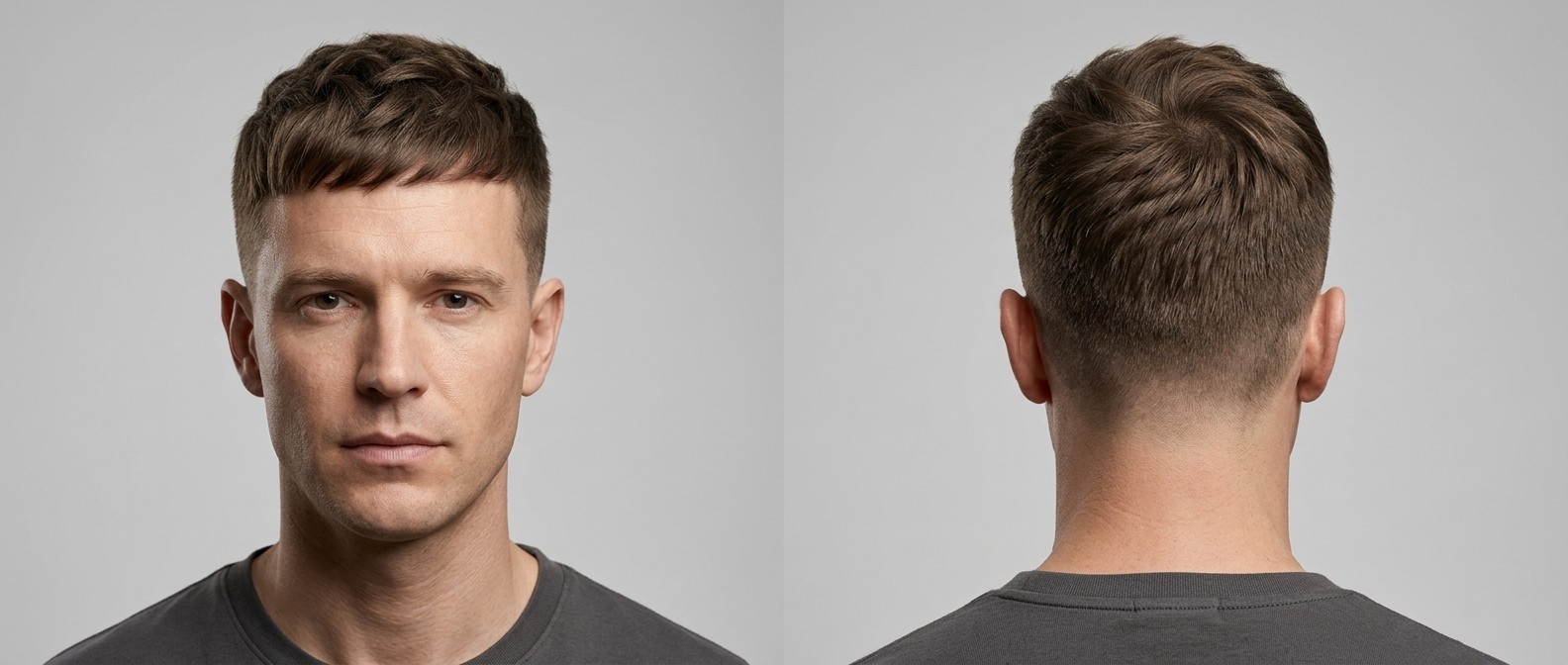 Vorder- und Rückansicht eines 40-jährigen Mannes mit Textured French Crop, Low Skin Fade und fransigem Pony.