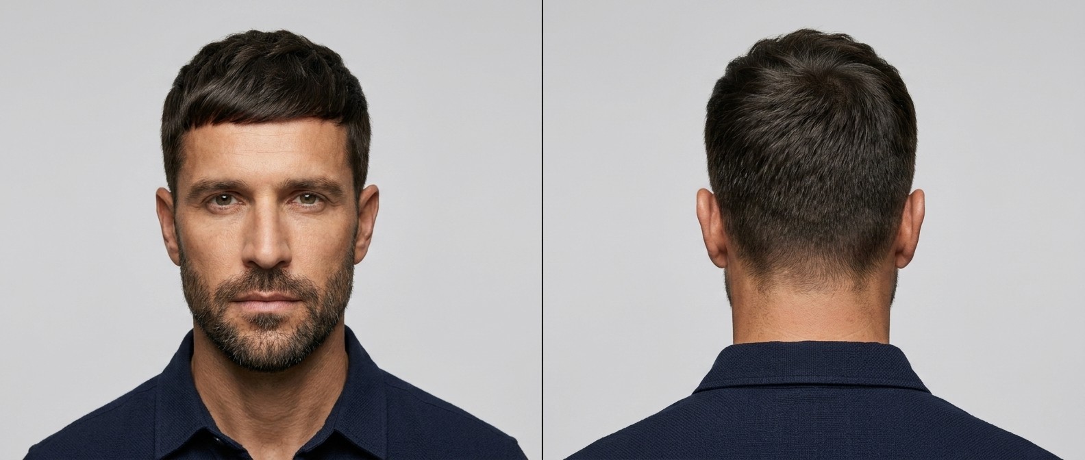 Front and back view of a mature man with a textured French Crop haircut, featuring tapered sides, forward-swept straight hair, and a short beard.