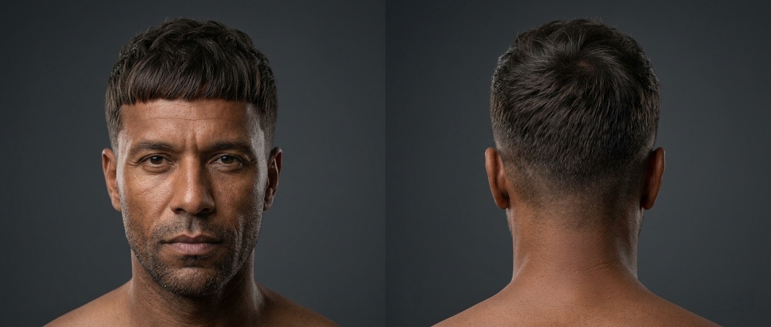 Dojrzały mężczyzna z fryzurą French Crop, prostą grzywką, wysokim fade'em i krótkim zarostem.