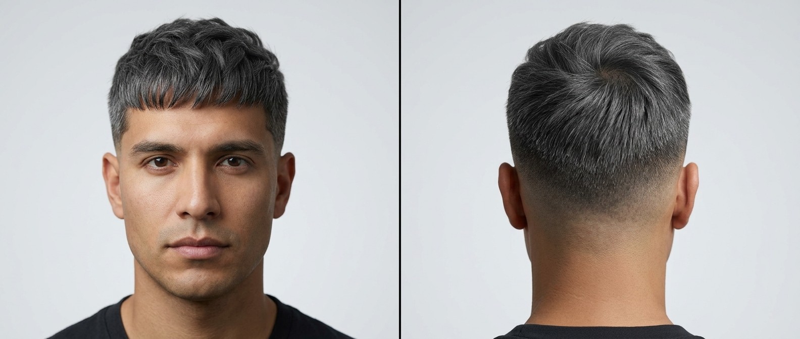 Front and back view of a Latino man with gray hair modeling a textured French crop with a high skin fade and blunt chopped fringe.