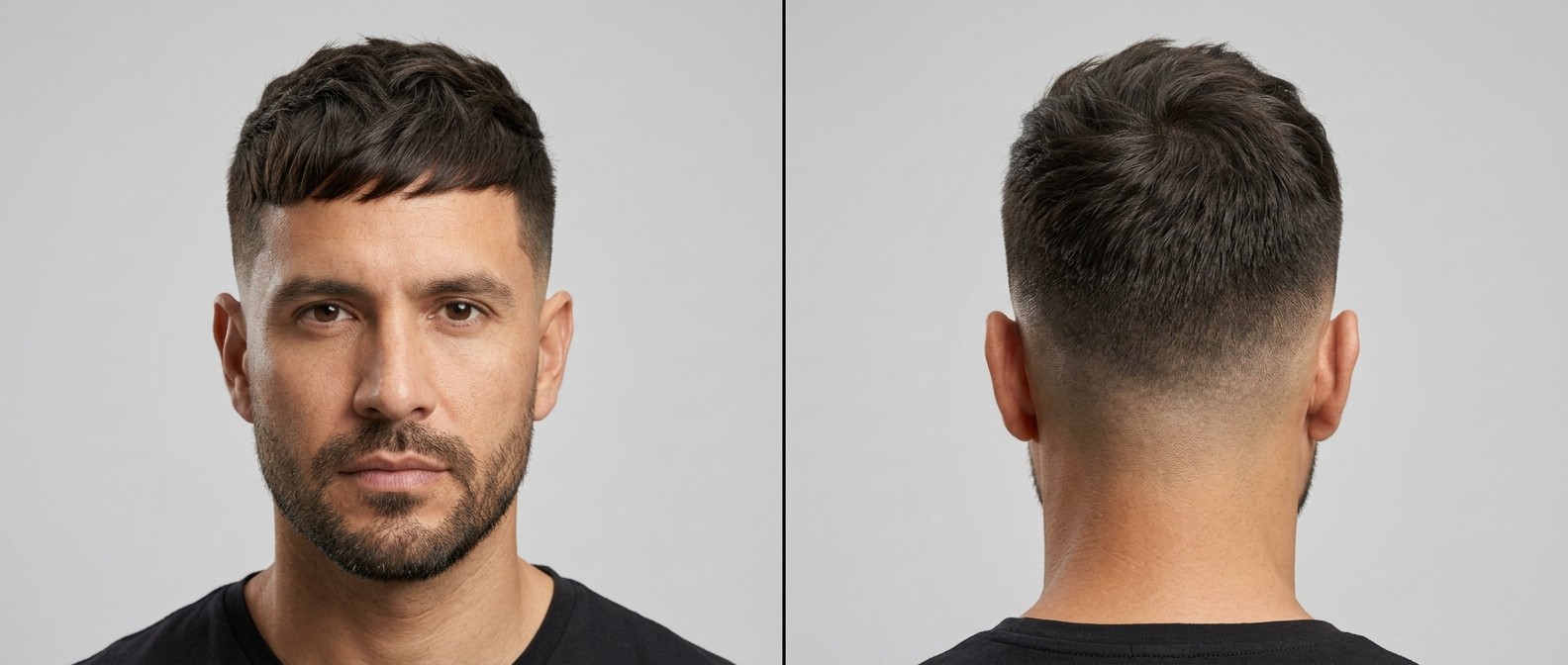 Vorder- und Rückansicht eines Mannes in den späten 30ern mit texturiertem French Crop, Mid Skin Fade, nach vorne gestyltem Pony und kurzem Bart.