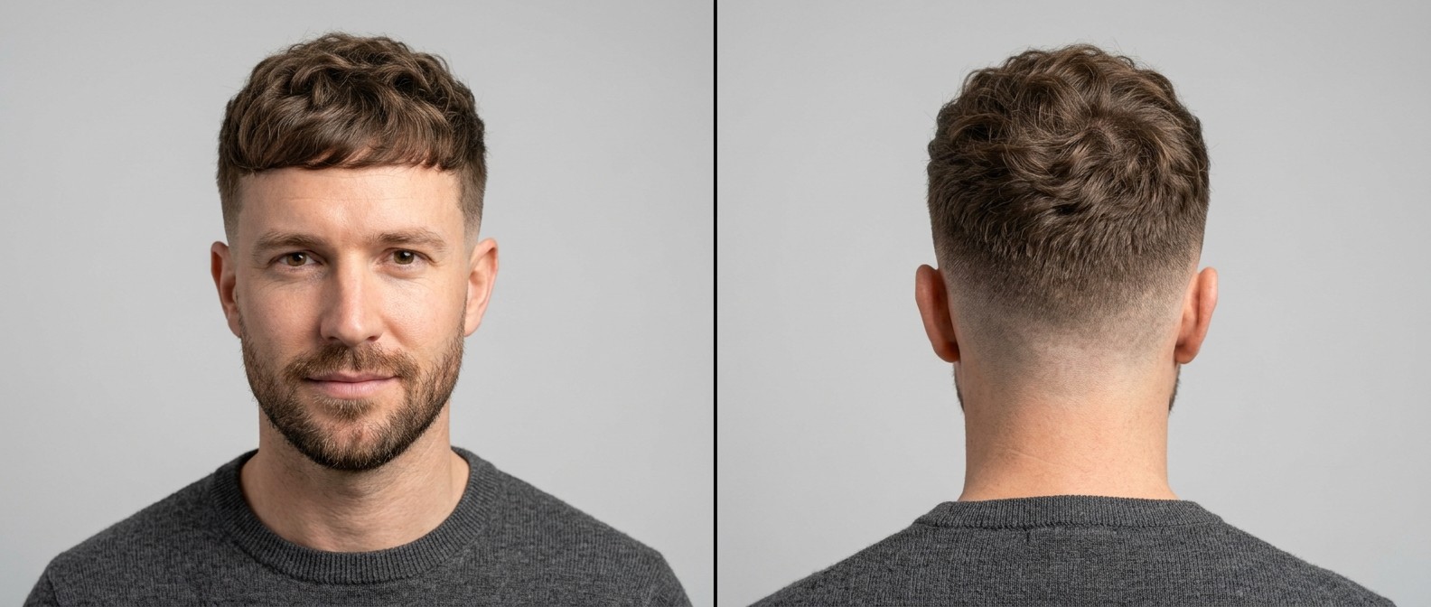 Vista frontal y trasera de un hombre con corte French Crop texturizado, degradado alto a piel y barba corta bien cuidada.