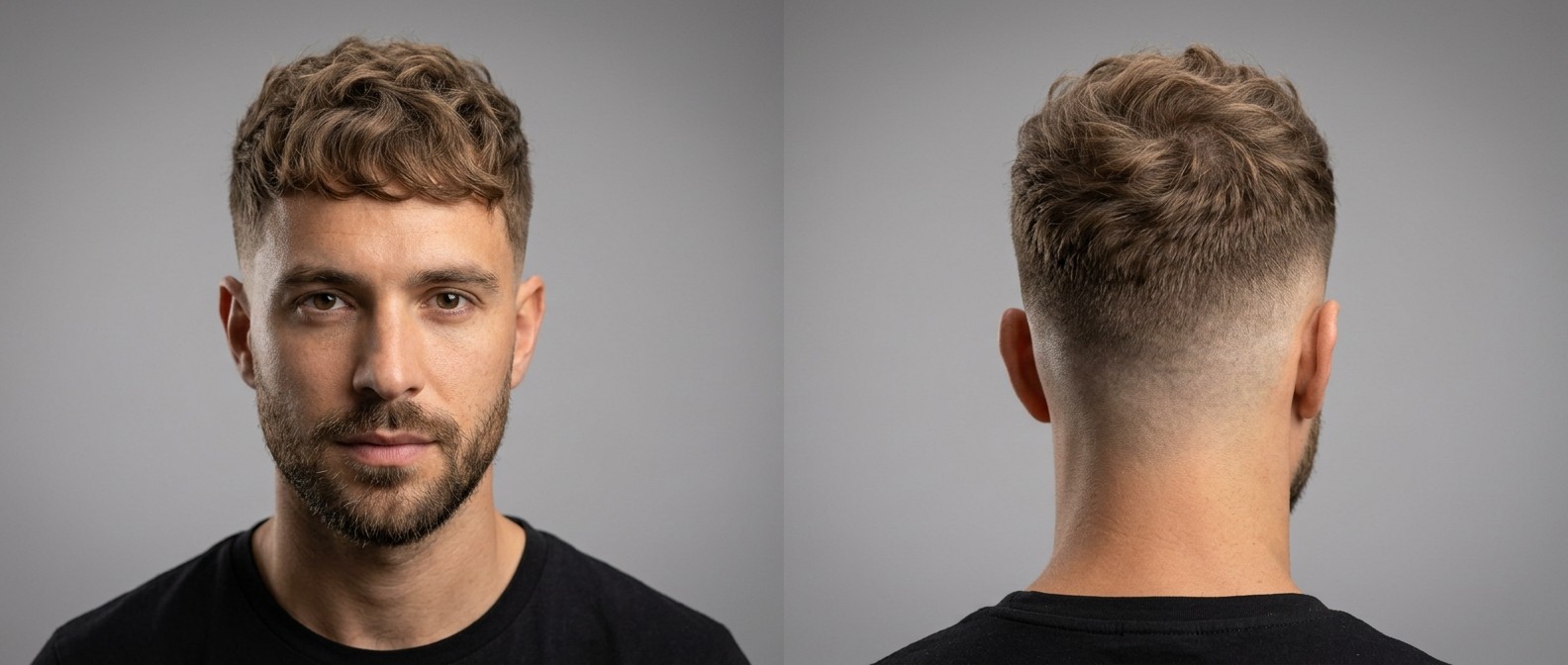 Vista frontal y posterior de un hombre con corte French Crop texturizado, ondas, mid skin fade y barba corta bien cuidada.