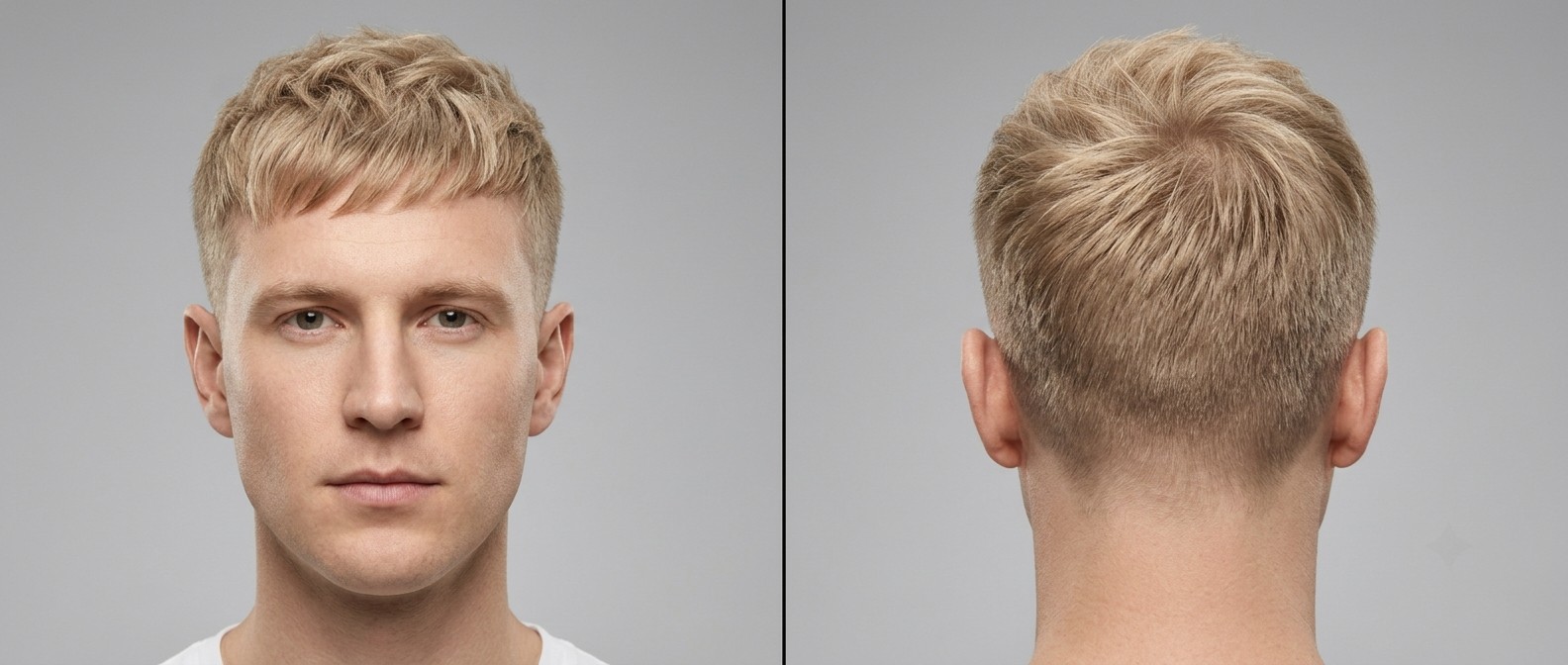 Vue de face et de dos d'un homme blond au visage ovale portant une coupe French Crop texturée avec frange effilée.
