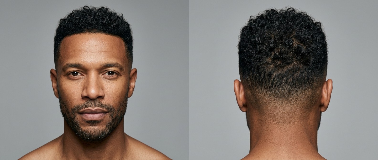 Widok z przodu i z tyłu na mężczyznę po 45. roku życia z fryzurą curly French crop, wysokim cieniowaniem, precyzyjnym konturem i krótkim zarostem.
