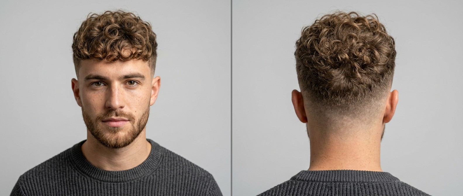 Vue de face et de profil d'un jeune homme aux cheveux bouclés châtain clair, coupe French Crop avec dégradé à blanc et barbe courte.