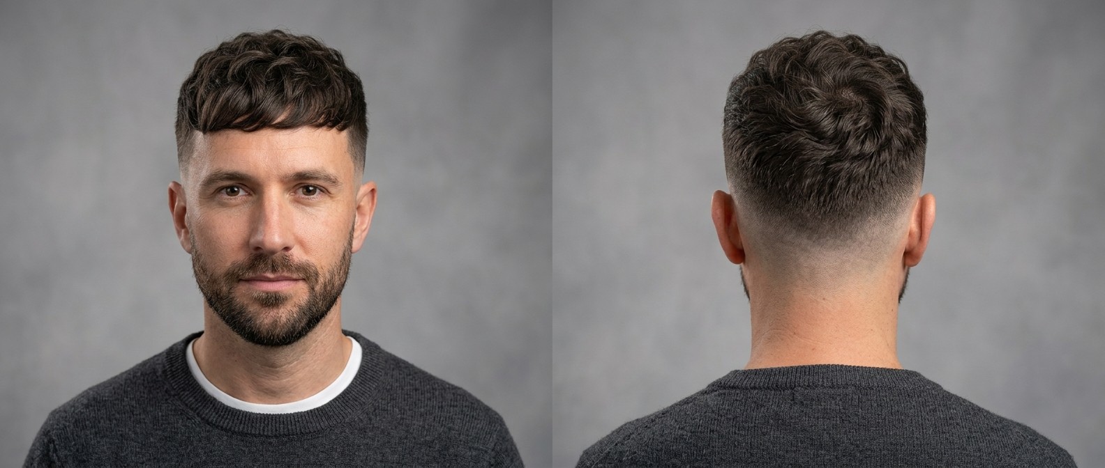Front and back view of a man aged 35-45 with a textured wavy French crop, blunt choppy fringe, and a high skin fade on dark brown hair.
