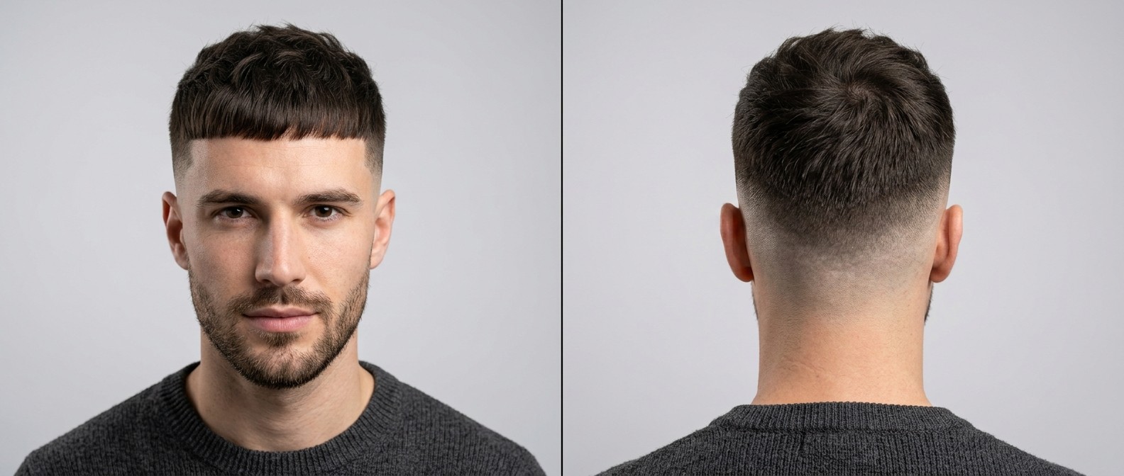 Front and back view of a Caucasian man with dark brown hair modeling a textured French Crop with a high skin fade and blunt fringe.