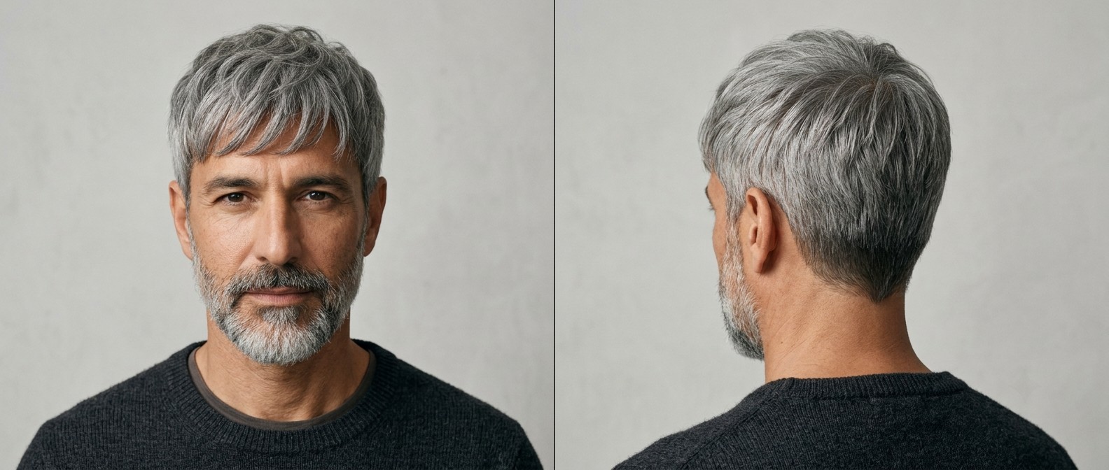 Homme mature avec une coupe frange texturée grise, côtés coupés aux ciseaux, barbe soignée et fini mat naturel.