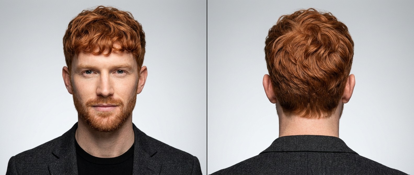 Vue de face et de profil d'un jeune homme aux cheveux roux texturés avec une frange ondulée et une barbe courte bien taillée.
