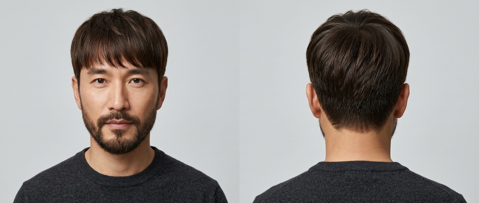 Vista frontal y trasera de un hombre asiático de 45 años con barba, luciendo un corte de flequillo texturizado de longitud media en cabello lacio oscuro.