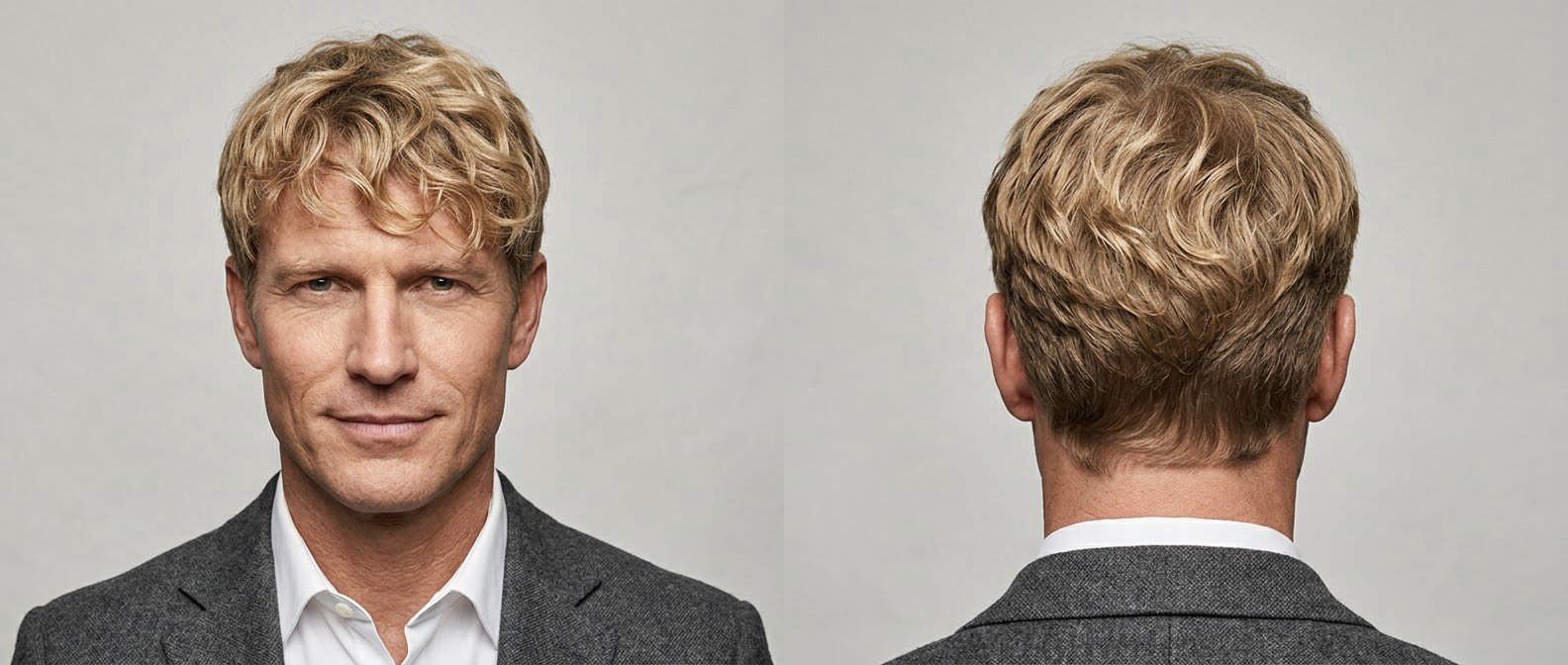 Homme mûr aux cheveux blonds ondulés mi-longs coiffés en frange texturée vers l'avant avec dégradé doux aux ciseaux.