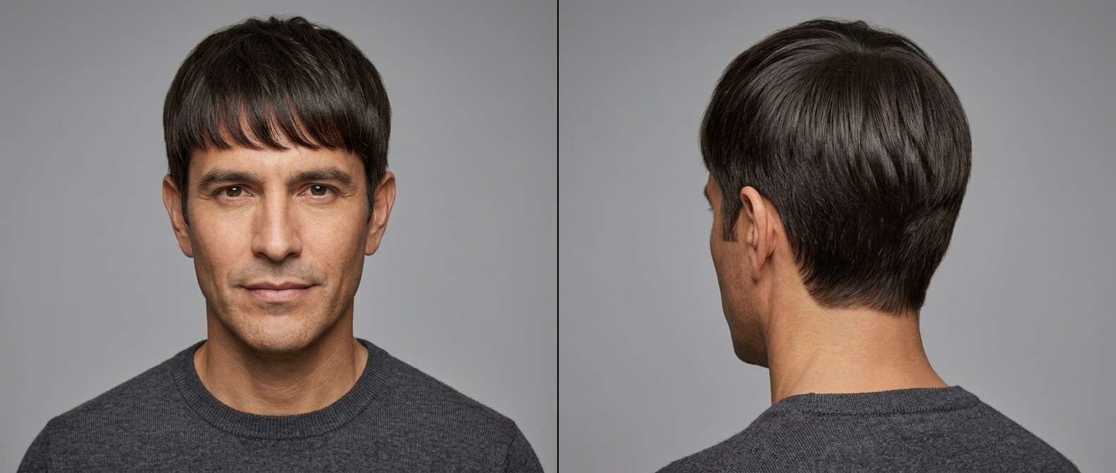 Hombre latino maduro con corte de cabello texturizado hacia adelante, laterales a tijera y cabello castaño oscuro.