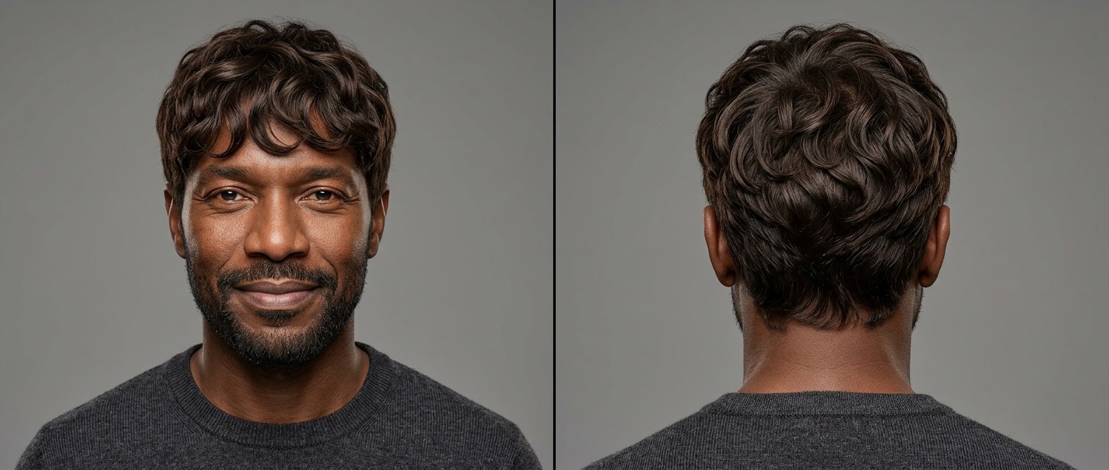 Vorder- und Rückansicht eines reifen Schwarzen Mannes mit Wavy Textured Fringe Haarschnitt, gestuftem Deckhaar und weichem Taper an den Seiten.