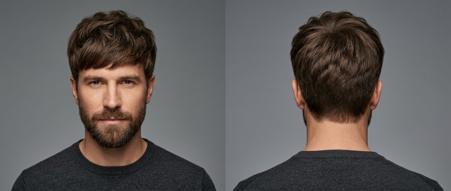 Vista frontal y lateral de un hombre de 40 años con flequillo texturizado, laterales a tijera y barba bien cuidada.