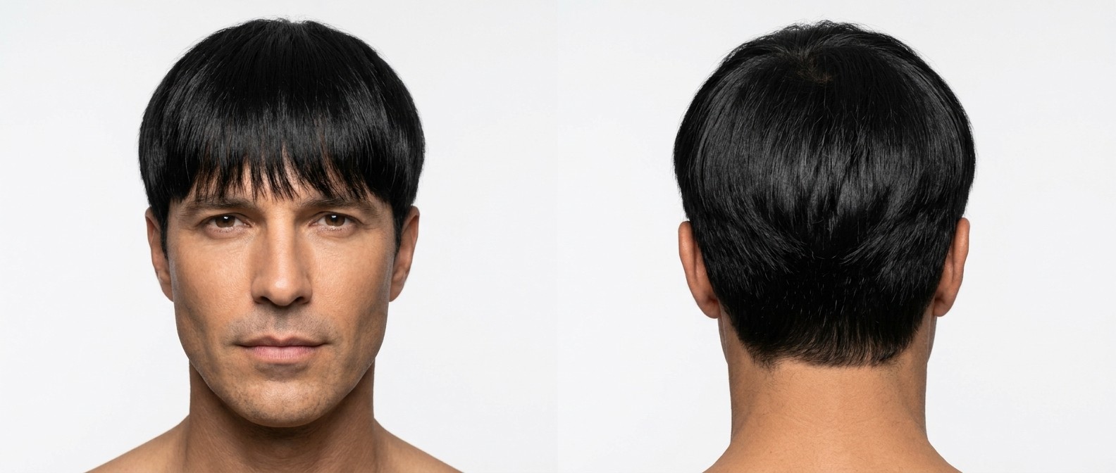 Vista frontal y trasera de un hombre de más de 45 años con cabello negro, liso y denso, con flequillo recto y laterales degradados a tijera.