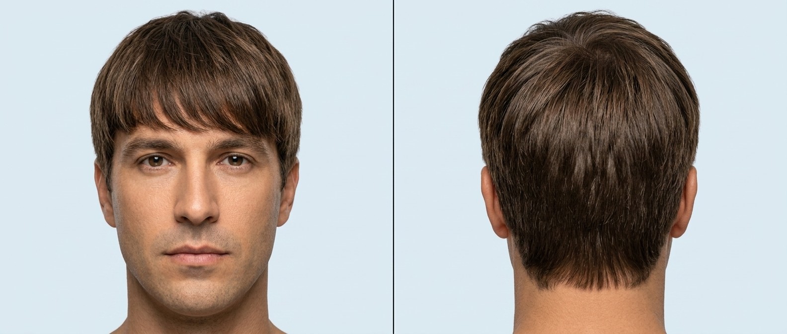 Vista frontal y posterior de un hombre de 40 años con cabello castaño, grueso y liso, con un flequillo texturizado y laterales a tijera.