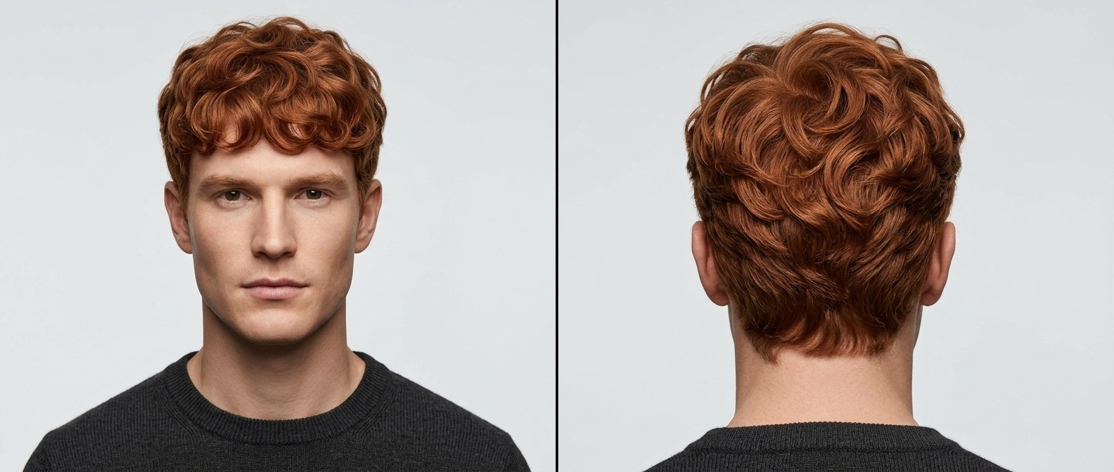Vista frontal y trasera de un hombre con cabello ondulado pelirrojo, flequillo texturizado y laterales cortos a tijera.